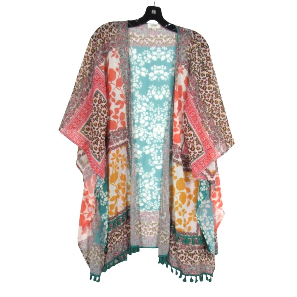 UMGEE Multicolor CHIFFON Animal/Floral Patchwork OPEN-FRONT Kimono Cardigan S/M